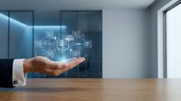 Business professional hand presenting holographic network icons in modern office environment showcasing digital connectivity and technology solutions.