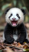 Adorable baby giant panda cub with wide open mouth showing excitement and joy, sitting on autumn leaves with natural blurred background. Wildlife conservation concept.