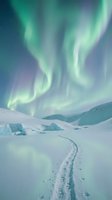 Spectacular aurora borealis dancing over snowy arctic landscape with footprint trail leading through winter wilderness under starry night sky.