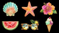 Tropical summer beach elements collection featuring seashell, starfish, hibiscus flower, watermelon slice, sunglasses and ice cream cone. Isolated on transparent background, ready for t-shirts, clipart, stickers and print-on-demand designs.