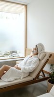 Young Asian woman relaxing in white bathrobe with face mask on wooden lounge chair by window in modern spa wellness center for skincare routine.