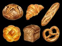 Six watercolor bakery items isolated on transparent background, including croissant, baguette, pretzel, sourdough, and braided bun. Ready for stickers, clipart, and t-shirt design.