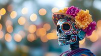 Colorful sugar skull decorated with bright flowers and intricate patterns against blurred bokeh lights background, celebrating Day of the Dead traditions.