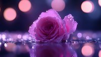 Pink rose with water drops reflecting on dark surface against blurred bokeh lights background creating romantic dreamy atmosphere.