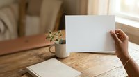 Woman holding blank white card at wooden desk with notebook and small potted plant, natural window lighting, workspace mockup for stationery design.
