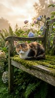 Calico cat resting on moss-covered wooden bench in lush garden surrounded by blooming flowers, ferns, and green foliage during golden hour sunlight.