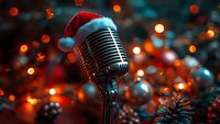 Vintage microphone wearing red Santa hat against blurred Christmas lights and decorations background creating festive holiday atmosphere.