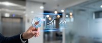 Businessman hand touching digital holographic interface with financial charts and data analytics in modern office environment for business technology solutions.