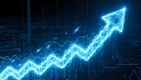 Glowing blue digital arrow trending upward on dark tech background with data visualization elements for business growth and financial success concepts.
