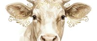 Watercolor portrait of a light-colored cow with decorative swirled horns, rendered in soft beige and cream tones with artistic embellishments for farm and livestock design projects.