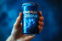 Cold aluminum can with energy beverage covered in condensation droplets held against dark blue background. Dramatic lighting creates modern lifestyle mood.