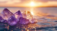 Purple amethyst crystal clusters on reflective water surface against golden sunset sky, creating magical healing atmosphere with light sparkles and bokeh effects.