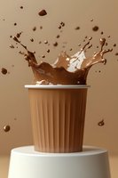 Dynamic splash of chocolate milk erupting from disposable brown paper cup on white pedestal against mocha background, creating dramatic droplets in motion.