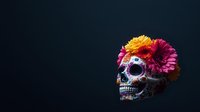 Decorative sugar skull with vibrant pink and yellow gerbera flowers on dark background, traditional Mexican Day of Dead celebration symbol with ornate patterns.