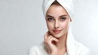 Young woman with natural makeup wearing white bathrobe and hair wrapped in towel touching face gently against light background, expressing wellness and skincare concept.