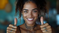 Young mixed-race woman with dreadlocks and tattoos giving thumbs up gesture, smiling confidently at camera in colorful indoor setting for success concepts.