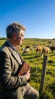 Senior farmer with gray hair observing cattle herd in green pasture field under clear blue sky, rural agriculture lifestyle and livestock management.