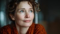 Mature woman with blue eyes and curly hair in orange sweater gazing upward with hopeful expression against blurred background.