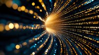 Glowing golden light rays bursting from center point with blue bokeh effect and digital particle trails creating dynamic motion perspective for technology backgrounds.
