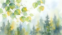 Watercolor forest landscape with green birch leaves and evergreen trees in soft natural tones for nature-themed designs and botanical artwork.