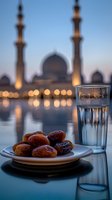 Fresh dates and water glass for iftar with Sheikh Zayed Grand Mosque silhouette in background, illuminated at dusk with reflective surface creating peaceful ambiance.