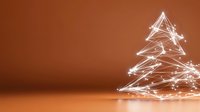 Glowing white abstract Christmas tree silhouette with sparkling stars and light trails on warm brown background, modern minimalist holiday design.
