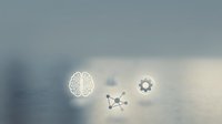 Brain icon with gears and molecular structure symbols on frosted glass surface, representing artificial intelligence, innovation, technology, and scientific research concepts.