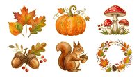 Autumn harvest collection with maple leaves, pumpkin, mushrooms, acorns, squirrel, and seasonal wreath isolated on white background for fall designs and decorative projects.