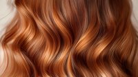 Luxurious wavy copper red hair with blonde highlights, showcasing shiny, healthy strands with natural movement. Perfect for beauty, fashion, and hair care advertising.
