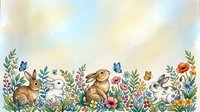 Cute rabbits and hares surrounded by colorful wildflowers and botanical elements in a whimsical garden scene, perfect for children's book illustrations, nursery decor, and springtime designs.