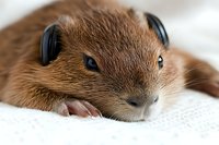 Close-up portrait of young brown gerbil with dark eyes resting on white textile, showing curious expression and soft fur texture. Suitable for pet care materials.