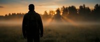Man silhouette standing in misty field at golden hour sunrise with warm sunlight rays piercing through morning fog creating atmospheric rural landscape scene.