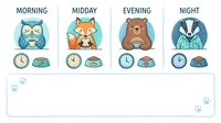 Cute animals showing daily routine with morning owl, midday fox, evening bear, and night badger characters with clocks and food bowls for children's educational content.