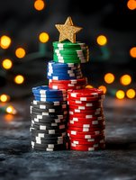 Colorful poker chips stacked with golden star on top against blurred bokeh lights background for casino, gambling, or gaming concepts.