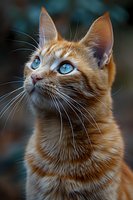 Striking ginger cat with intense blue eyes gazing upward against dark background, dramatic portrait showing detailed fur texture and whiskers in natural lighting.