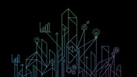 Digital technology network with glowing green circuit lines forming business growth charts and innovation symbols on dark background for presentations.