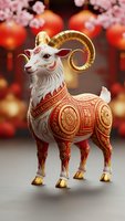 Ornate white goat with golden horns and red traditional patterns stands against blurred cherry blossom background for lunar new year celebrations.
