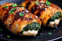 Juicy chicken breast rolls stuffed with spinach and cheese, seasoned with herbs and spices, grilled to golden brown perfection on black pan, garnished with fresh herbs.