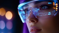 Young Asian woman wearing augmented reality smart glasses with digital interface display reflection, neon lighting and bokeh background for tech concept.