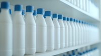 White plastic bottles with blue caps arranged in rows on retail shelf, creating repetitive pattern. Clean minimalist composition shows dairy or beverage packaging.