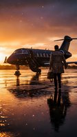 Business traveler walking toward private jet on wet tarmac during golden hour sunset with dramatic sky and reflections for luxury travel concepts.