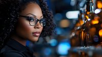Young African American businesswoman with curly hair and glasses in professional attire against blurred city lights background, expressing confidence and success.