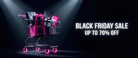 Black Friday shopping cart overflowing with neon pink gift boxes and bags against dark background, promotional retail sale event marketing material.