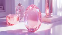 Pink crystal gem with faceted cuts catching sunlight on white surface, surrounded by glass decor in soft dreamy lighting with purple tones and shadows.