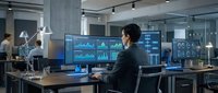 Asian male data analyst monitoring financial charts and graphs on multiple computer screens in modern office environment for business intelligence.