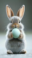 Fluffy white and tan rabbit holding pastel mint green egg, front view against neutral gray background, Easter holiday celebration and springtime themes.