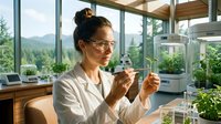 Young Asian female scientist in white lab coat examining test tube in modern laboratory with large windows and natural lighting for research analysis.