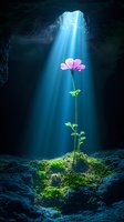 Single pink flower growing in cave illuminated by magical ray of light through natural ceiling opening, moss covered rocks create mystical atmosphere.