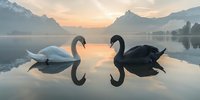 White and black swans facing each other on calm lake at sunrise, with mountain silhouettes creating dramatic backdrop in soft morning light.