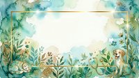 Young female dog with golden-brown coat sitting in lush garden surrounded by watercolor foliage, flowers and botanical elements. Isolated on white background, ready for greeting cards, invitations and design projects.